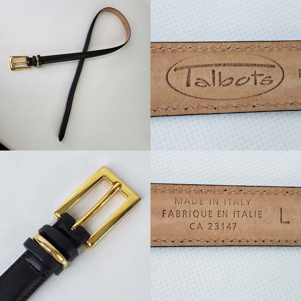 Talbots Leather Belt Womens Large Black Gold Buckle Italy Old Money Preppy